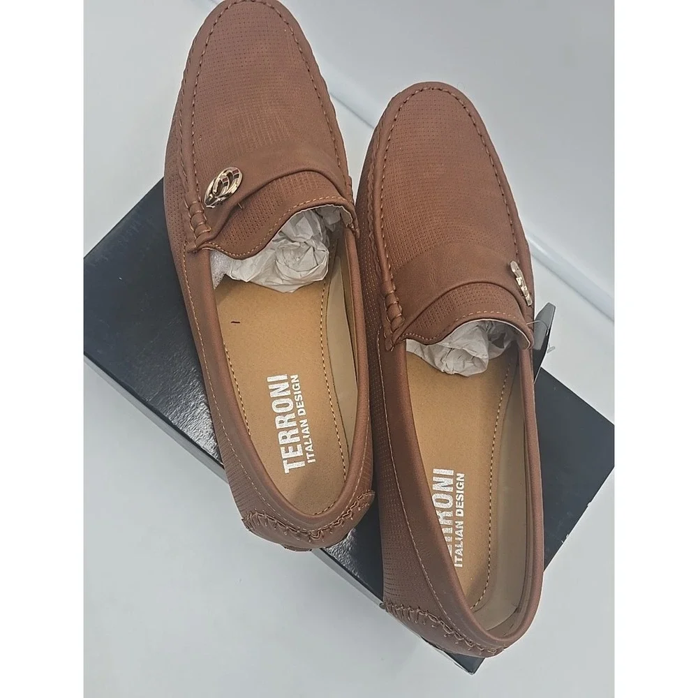 Terroni Leather Men's Cognac 12 Slip On Loafers Dress Shoe Holiday‎ Gift
